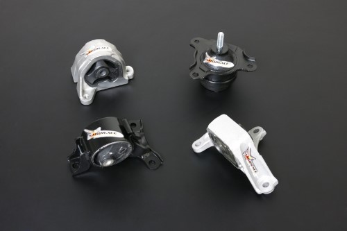 Four Hardrace engine mounts for 2002-05 Honda Civic SI Hatch, featuring a mix of black and silver metal finishes, with prominent Hardrace logos on each mount.