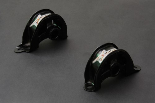 Two black Hardrace front lower mounts for 1996-00 Honda Civic, featuring a curved design and a prominent logo, made from durable material for enhanced performance.