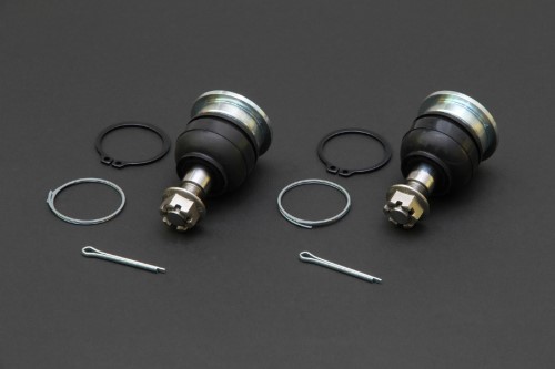 Two Hardrace ball joints in black rubber and silver metal, featuring a hexagonal nut, retaining clips, and cotter pins, designed for Honda S2000, set of two.
