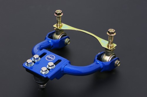 Blue metal front camber kit with hardened rubber bushings, featuring gold bolts and a yellow metal bracket, designed for 94-01 Acura Integra and 92-95 Honda Civic.