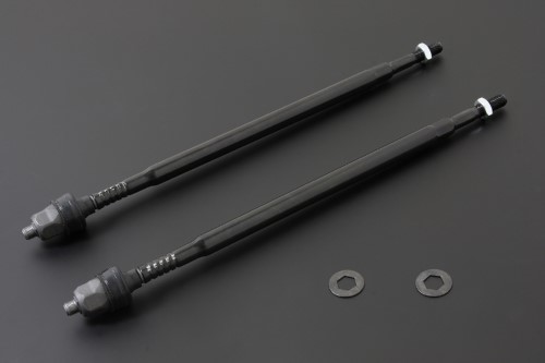 Two black hard tie rods made of metal, featuring threaded ends and white plastic spacers, accompanied by two metal washers, designed for 2001-05 Honda Civic.