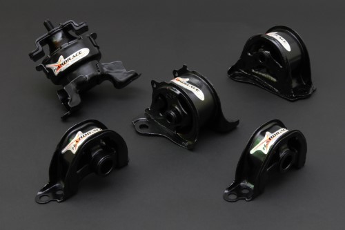 Five black motor mounts with a glossy finish, featuring the Hardrace logo, designed for 1996-00 Honda Civic, showcasing durable construction for racing applications.