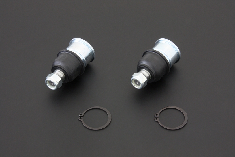 Two metallic ball joints with black rubber boots, featuring silver hexagonal nuts and accompanying black retaining rings, designed for 2003-07 Mitsubishi EVO 7 8 9.