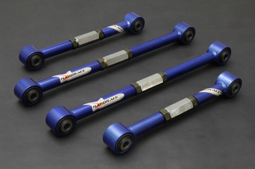 Four blue aluminum rear lateral arms with hardened rubber bushings, featuring silver metal accents and Hardrace branding, designed for 1994-97 Honda Accord.