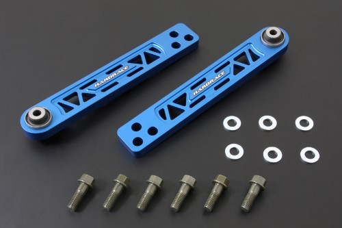 Blue aluminum rear lower control arms with a triangular cutout design, featuring hardened rubber bushings and accompanied by bolts and washers for installation.