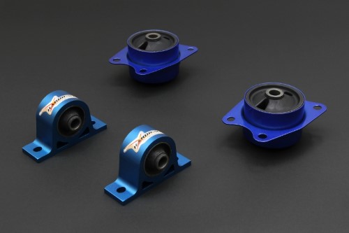 Four Hardrace differential mounts in blue aluminum with hardened rubber inserts, designed for Honda S2000, featuring a sleek design and logo on the side.