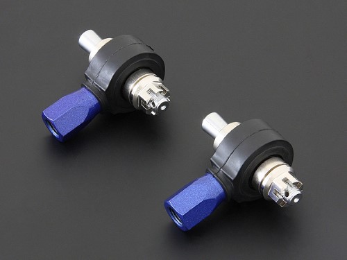Two Hardrace RC tie rod ends in black and blue, featuring a metallic finish and a hexagonal blue adjustment section, designed for race use on 2002-06 Acura RSX.