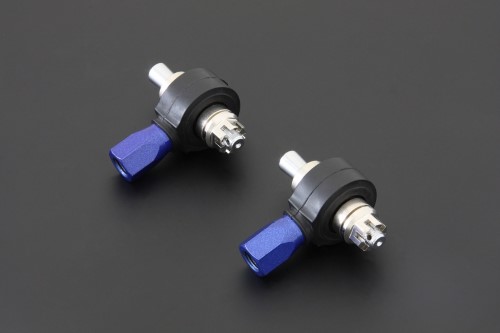 Two Hardrace tie rod ends in black and silver, featuring blue aluminum adjusters, designed for 2002-05 Honda Civic SI Hatch, showcasing a durable construction for performance.