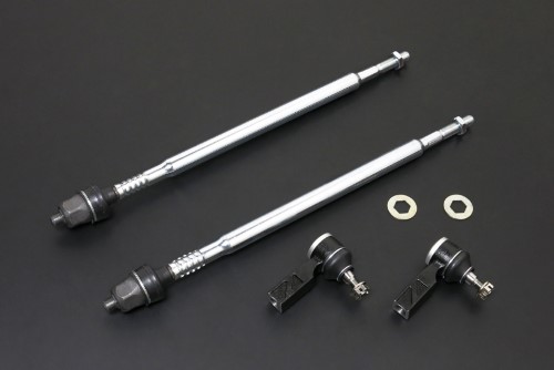 Silver tie rods with black rubber ends and metal washers, designed for 2002-05 Honda Civic SI Hatch, featuring a short design for enhanced performance.