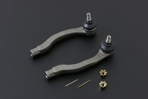Two metallic tie rod ends with a gray finish, featuring rubber boots at one end, accompanied by two gold-colored cotter pins and two metal clips, designed for 1988-91 Honda Civic/CRX.