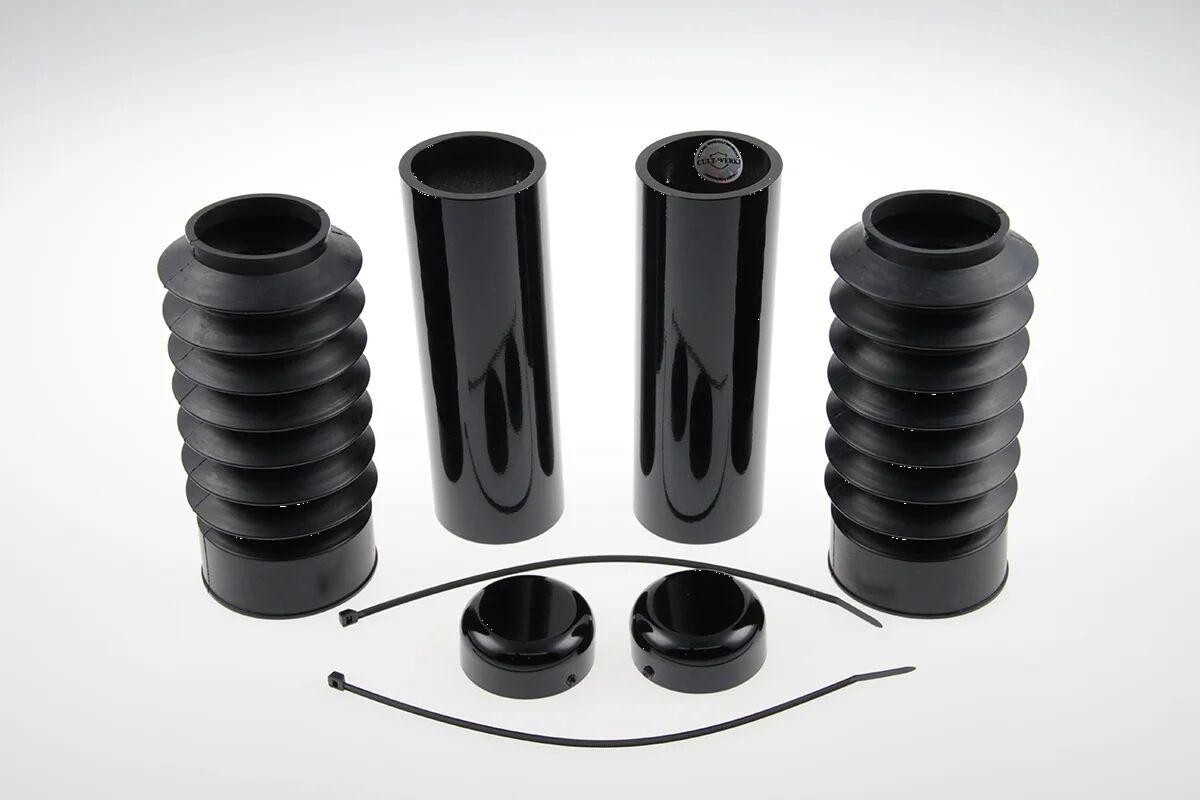 Black HD-BRO012 Cult Werk fork covers for Harley Davidson FXSB 1690, featuring a smooth finish and ribbed design, accompanied by two caps and zip ties.