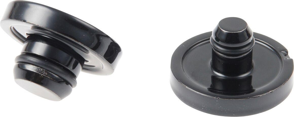 Black HD-BRO042 Cult Werk axle covers designed for Harley Davidson FLDE 1750 (2018-2020), featuring a sleek, glossy finish and a rounded design for a polished look.