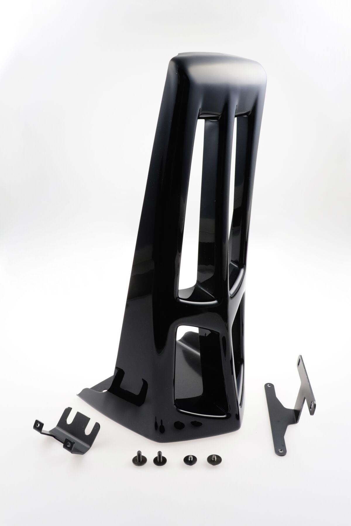 Black HD-BRO068 Cult Werk spoiler custom for Harley Davidson FLDE 1750 (2018-2020) featuring sleek design, multiple mounting brackets, and hardware for installation.