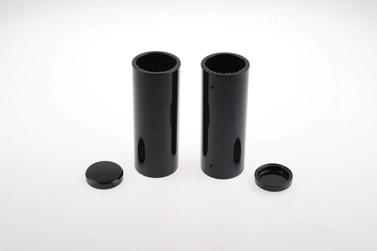 Black HD-BRO105 Cult Werk Fork Covers designed for Harley Davidson FXBB 1750 (2018-2020), featuring a sleek, cylindrical shape with smooth, glossy finish and removable caps.
