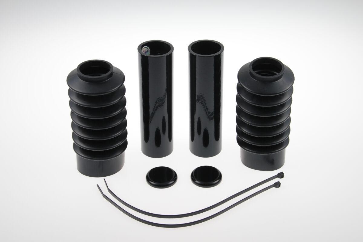 Black HD-SPO035 Cult Werk fork covers for Harley Davidson XL 1200 X (2010-2015) featuring a glossy finish, ribbed design, and two smooth tubes with zip ties included.