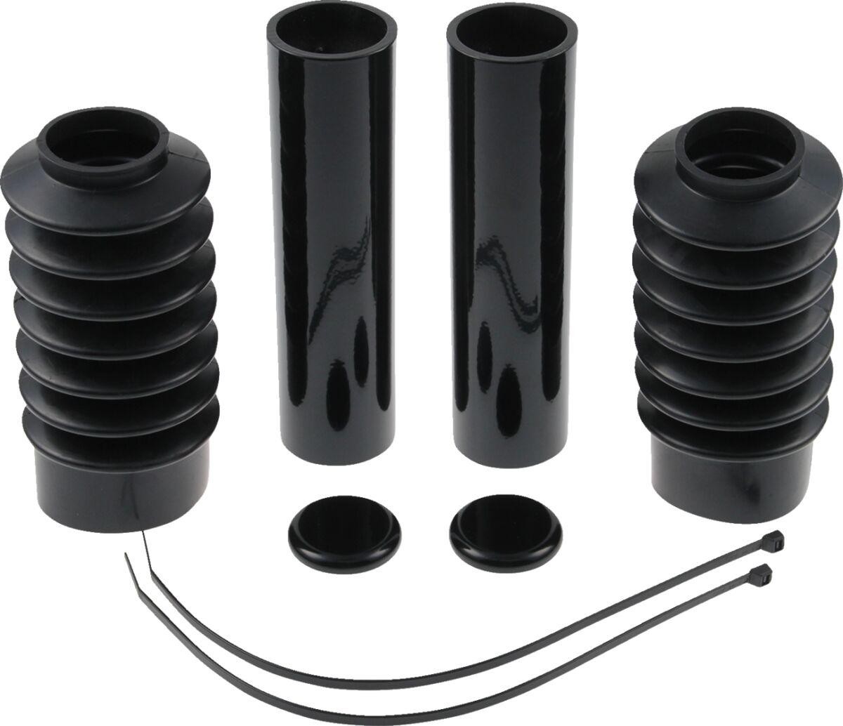 Black HD-SPO058 Cult Werk fork covers for Harley Davidson XL 883 (1986-2009), featuring smooth and ribbed designs, made of durable material, with two covers and two zip ties included.