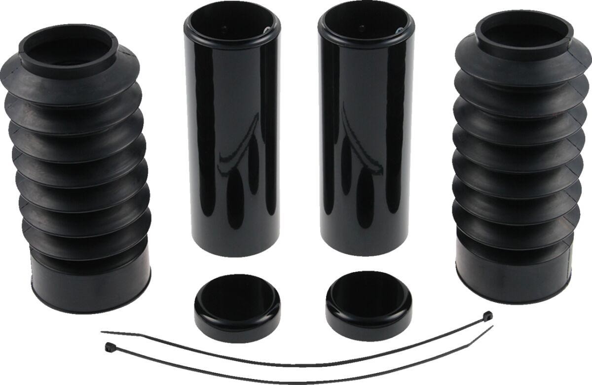 Black HD-SPO086 Cult Werk fork covers for Harley Davidson XL 1200 X (2016-2020), featuring smooth and ribbed designs, made of durable material, with included zip ties and caps.