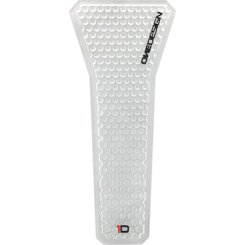 Clear tank pad with a textured honeycomb pattern, featuring the Onedesign logo in black and red, designed for enhanced grip and protection on motorcycle tanks.