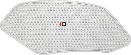Clear rubber tank grip with a honeycomb texture, featuring a central red and black "1D" logo, designed for enhanced grip on motorcycle tanks.