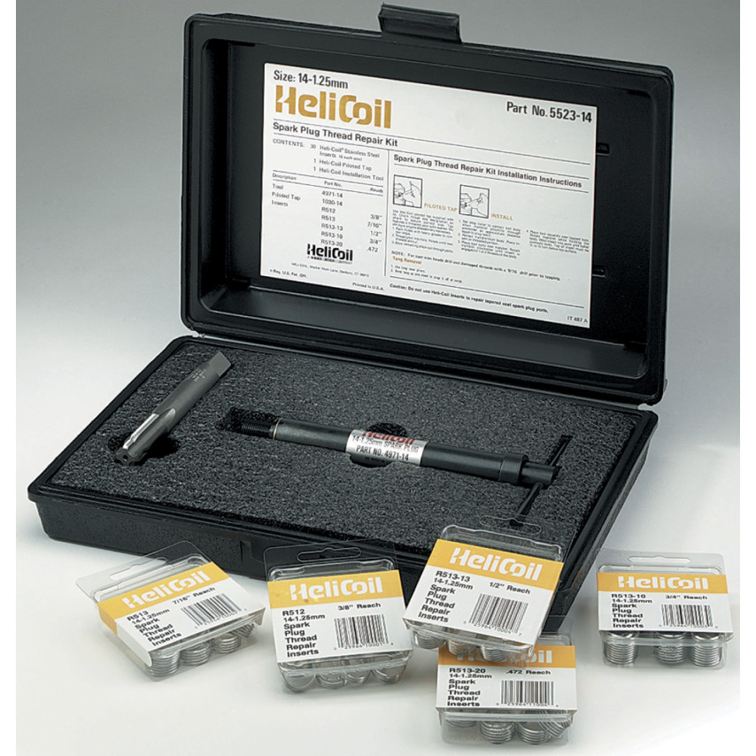 Black plastic case containing a HeliCoil 14 x 1.25mm spark plug thread repair kit, featuring a tap tool, installation tool, and multiple metal inserts in clear packaging.