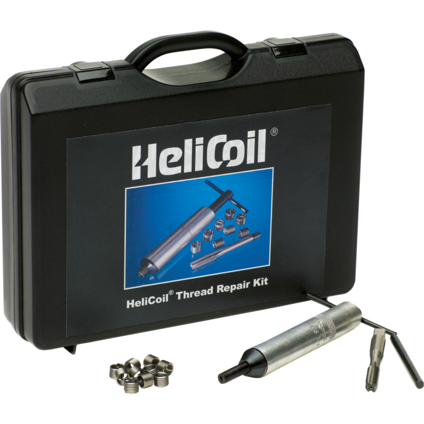 Black carrying case with a blue label featuring the HeliCoil logo, containing a silver thread repair tool, multiple steel inserts, and a tap for 5/16 UNF threads.