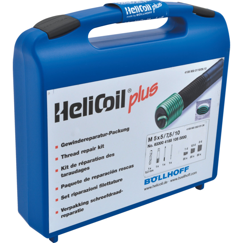 Blue plastic carrying case with a handle, featuring a white label detailing the HeliCoil M3 Plus Repair Kit, including specifications and a diagram of thread repair tools.