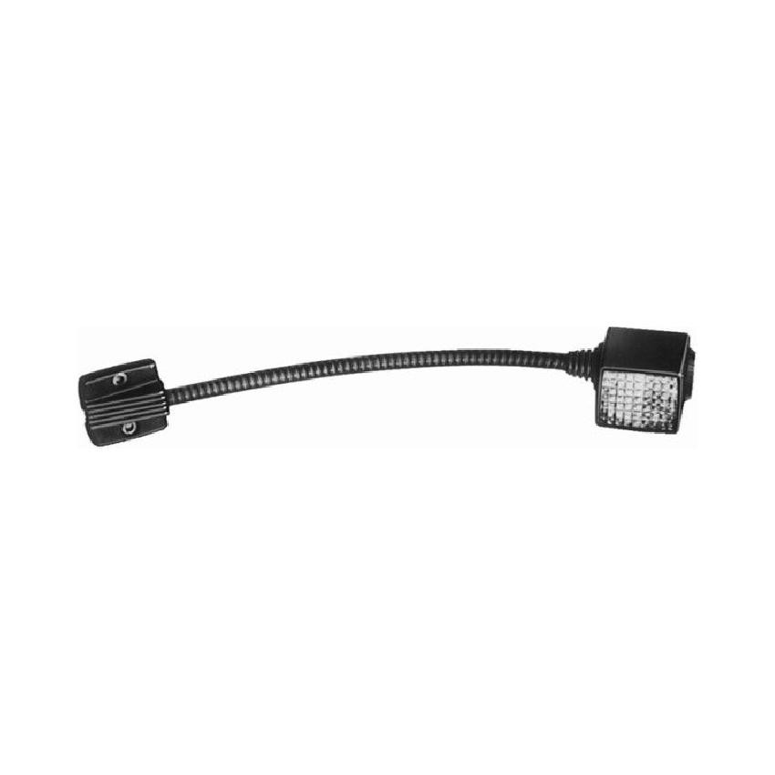 Flexible black reading light with a rectangular head featuring a textured lens, attached to a sturdy base with mounting holes for easy installation.