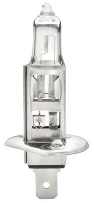 Hella Performance H1 55W light bulb with a clear glass casing, silver metal base, and visible filament structure, designed to provide 60% more light output.