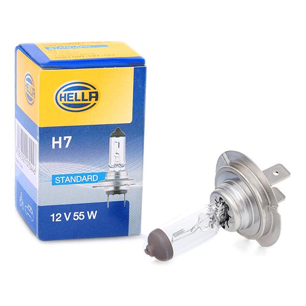 Hella H7 halogen light bulb in a clear glass casing with a metal base, packaged in a blue and yellow box labeled "STANDARD" and "12 V 55 W."