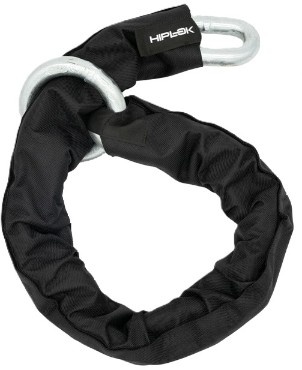Black fabric-covered chain lock with large silver metal links and a sturdy attachment point, featuring the Hiplok logo on a black tag.