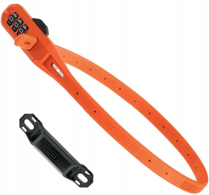 Bright orange Hiplok Z Lok V2 combo lock with a flexible strap and a combination dial, accompanied by a black mounting bracket for easy attachment.