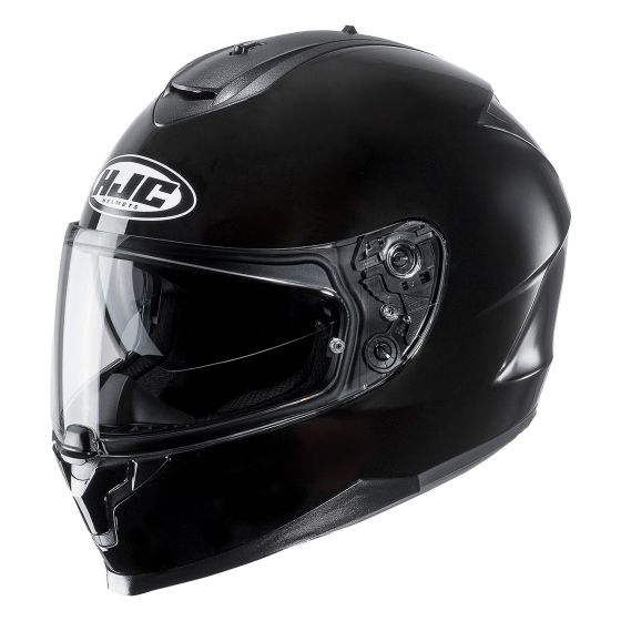 Black HJC C70 motorcycle helmet with a glossy finish, clear visor, and ventilation controls on the side, designed for safety and comfort.