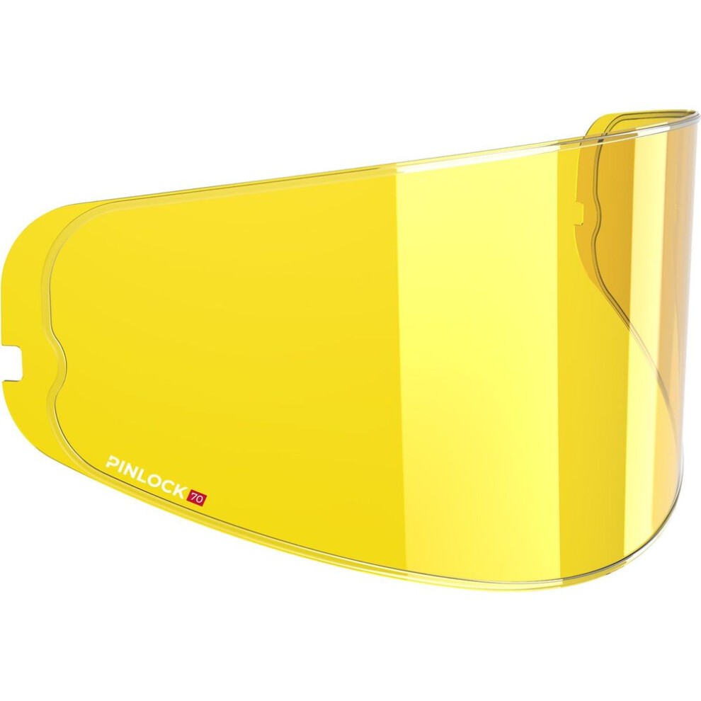 Yellow HJC Pinlock 70 MaxVision lens designed for HJ-34P, featuring a curved shape and clear visibility, ideal for enhanced fog resistance and protection.