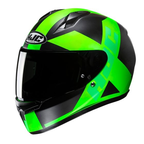 Green and black full face motorcycle helmet featuring a sleek design, large visor, and prominent HJC branding, designed for safety and style in size XXL.
