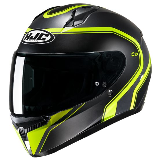 Black full face motorcycle helmet with bright yellow accents, featuring a sleek aerodynamic design, tinted visor, and HJC logo on the front. Size XXL.