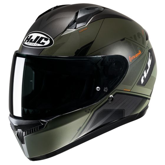 HJC C10 Graphic Motorcycle Helmet in Inka Orange and green, featuring a sleek aerodynamic design, a tinted visor, and a comfortable fit for medium sizes (57-58cm).