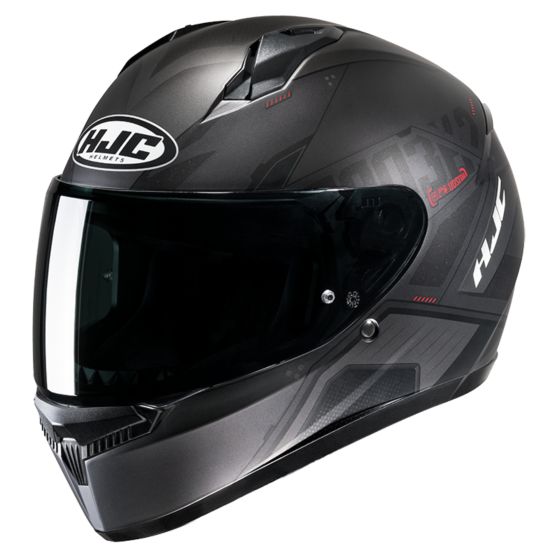 HJC C10 Graphic Motorcycle Helmet in Inka Red and black, featuring a sleek design, tinted visor, and ventilation ports, sized small (55-56cm).