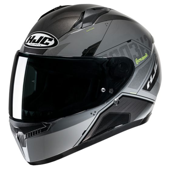 HJC C10 Graphic Motorcycle Helmet in Inka Yellow and grey, featuring a sleek aerodynamic design, tinted visor, and ventilation ports, sized X-Small (54-55cm).