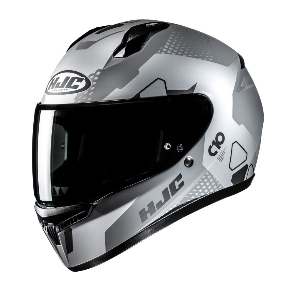 HJC C10 Aspa Full Face Helmet in black and silver, featuring a sleek aerodynamic design, a tinted visor, and bold graphic patterns for enhanced style and visibility.
