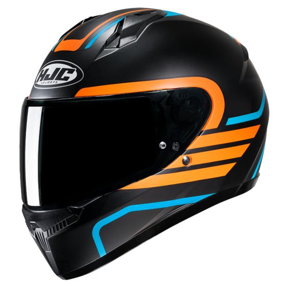 HJC C10 Lito motorcycle helmet in black with blue and orange graphics, featuring a sleek design, a tinted visor, and ventilation ports for comfort.