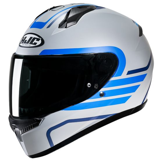 HJC C10 Lito motorcycle helmet in XXL size, featuring a sleek silver design with blue accents, a dark visor, and aerodynamic shape for enhanced performance.