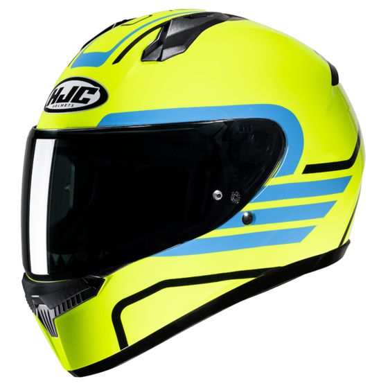 Bright yellow HJC C10 Lito motorcycle helmet in XXL, featuring a sleek design with blue stripes, a tinted visor, and ventilation openings for enhanced airflow.