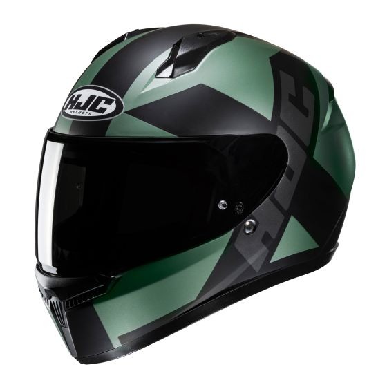 HJC C10 Tez full face helmet in khaki green with a matte finish, featuring a sleek design, black accents, and a tinted visor for enhanced visibility and style.