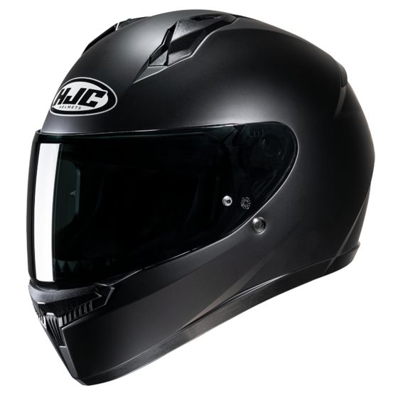 Matt black full face helmet with a sleek design, featuring a tinted visor, ventilation ports, and the HJC logo prominently displayed on the front.