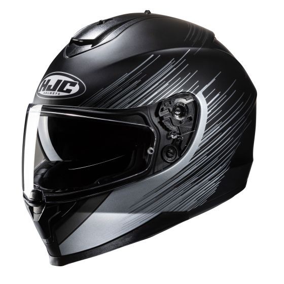 Black full face motorcycle helmet with a sleek design, featuring a glossy finish, silver accents, a clear visor, and adjustable ventilation system.