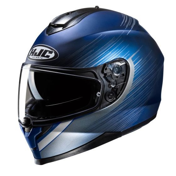Blue full face motorcycle helmet with a sleek design, featuring a glossy finish, aerodynamic shape, and a clear visor, marked with HJC branding on the front.