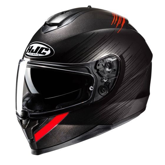 Black full face motorcycle helmet with red accents and a sleek design, featuring a clear visor and ventilation ports, designed for safety and comfort.