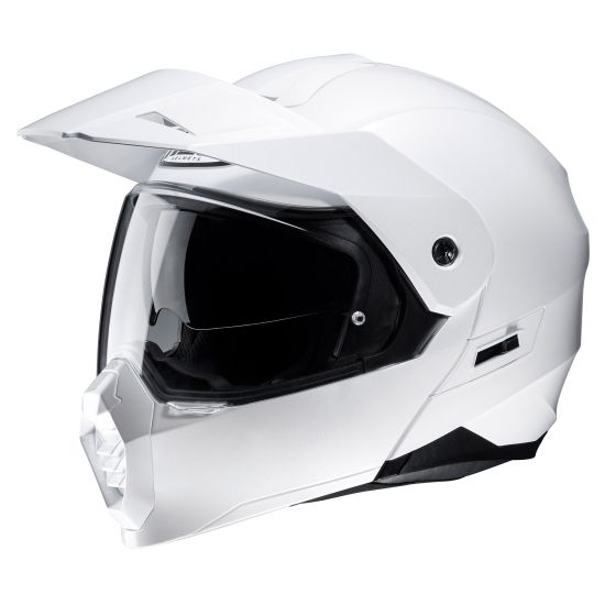 White HJC C80WXL flip front motorcycle helmet in XL size, featuring a sleek design, tinted visor, and ventilation slots for airflow.