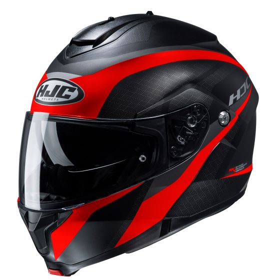 HJC C91 Taly flip front motorcycle helmet in XS size, featuring a sleek black design with bold red accents, a clear visor, and textured detailing on the surface.