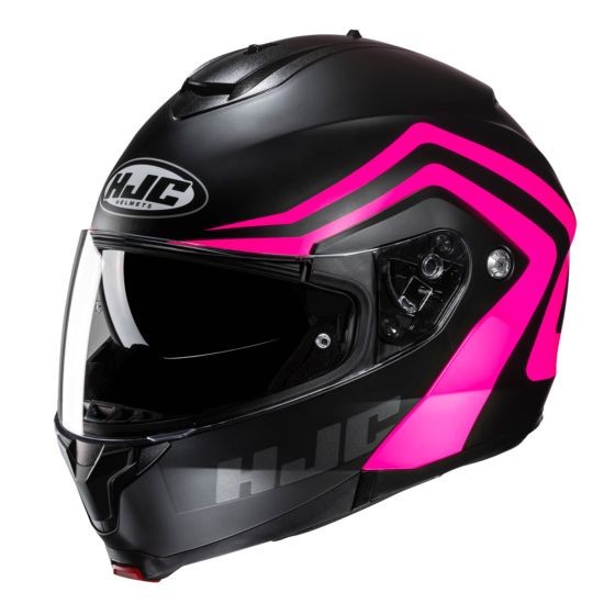 Black flip-up motorcycle helmet with vibrant pink accents, featuring a clear visor, ventilation openings, and a sleek design, branded with the HJC logo.